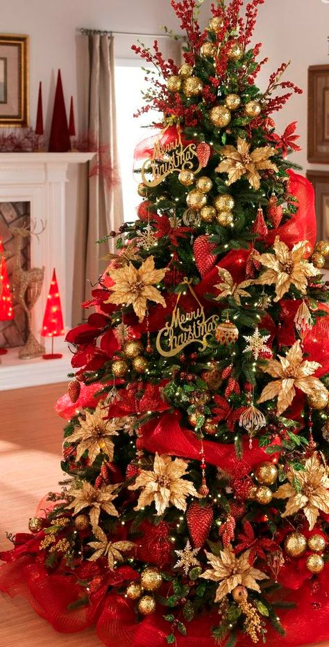 30 Best Decorated Christmas Trees 2017 Red And Gold Christmas, Christmas Tree Decorated, Red And Gold Christmas Tree, Christmas Tree Decorating Themes, Tree Themes, Elegant Christmas Trees, Farmhouse Christmas Tree, Easter Tree Decorations, Christmas Tree Decorations Diy