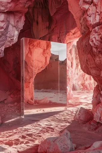 ↑↑↑ Larger size on website 🔸 A large, rectangular mirror stands in a desert landscape of pink sandstone formations. The mirror re 🔸 From Midjourney AI Image Mirror Desert, Surreal Desert, Large Rectangular Mirror, Abstract Beauty, Desert Landscape, Standing Mirror, Rectangular Mirror, Rock Formations, Desert Landscaping