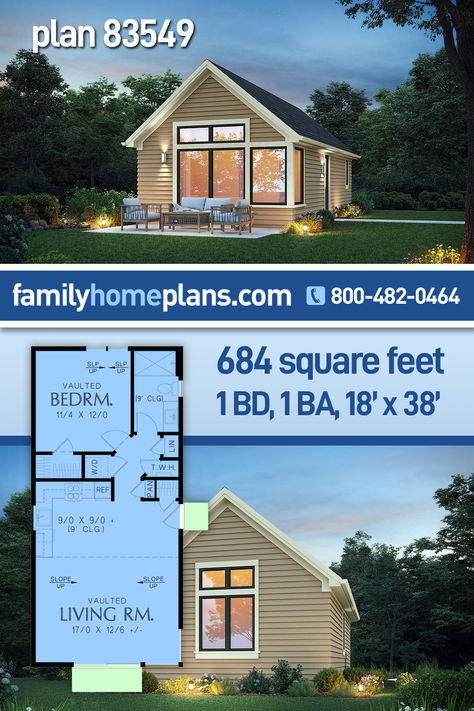 With only 684 sq ft, consider ADU Plan 83549 to add private living space on your property. This is a great option for housing aging parents so they can be close by. Our new ADU Plan is a simple footprint at 18' W x 38' D, and the great room has a vaulted ceiling with tons of windows for natural light. The kitchen is part of this open living space & contains everything you would expect in a larger home. One bedroom, laundry closet, and one full bathroom are all included in the floor plan design. 1 Bed 1 Bath House Plans, In Law Tiny House, Mother Inlaw Suite House Plans, One Bedroom House Plans Open Floor Small, One Bedroom With Office Floor Plans, Granny Flat Floor Plans 1 Bedroom, In Law Apartment House Plans, Granny Suite House Plans, Backyard Guest House Plans