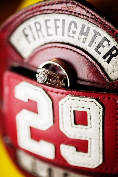 Wedding Firefighter, Fireman Wedding, Firefighter Engagement, Firefighter Photography, Themed Wedding Ideas, Expensive Engagement Rings, Firefighter Wedding, Wedding Ring Shots, Fire Helmet