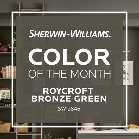 Sherwin-Williams for Design Pros Bronze Green Sherwin Williams, Sherwin Williams Roycroft Bronze Green, Roycroft Bronze Green Sherwin Williams, Roycroft Bronze Green, Green Sherwin Williams, Sunroom Remodel, March Colors, Color Of The Month, Bronze Green