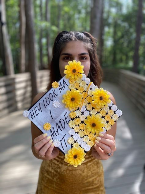 Yellow and white flowers, Panic! At The Disco Themed graduation cap, graduation from the University of Central Florida Disco Graduation Cap, Cap Decoration, Graduation Cap Decoration, Panic At The Disco, Cap Decorations, Panic! At The Disco, Graduation Cap, Coach Dinky Crossbody, Tattoos