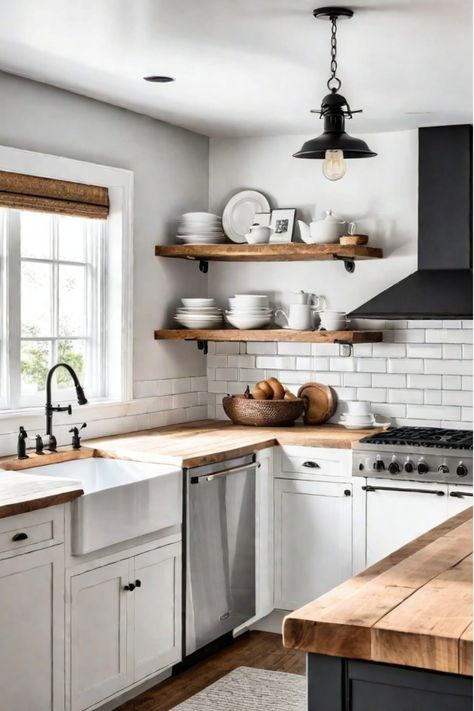 Discover how to infuse your kitchen with charming farmhouse flair and create a cozy retreat in your home. From rustic accents to vintage-inspired decor, this pin showcases inspiring farmhouse kitchens ideas to transform your space into a warm and inviting oasis. Get ready to embrace the timeless beauty of farmhouse style! Farmhouse Kitchens Ideas, Old Kitchen Makeover, Black And White Farmhouse Kitchen, Dream Farmhouse Kitchen, Retro Farmhouse Kitchen, Traditional Farmhouse Kitchen, Kitchen Remodel Ideas Farmhouse Style, Traditional Kitchen Cabinets, Small Farmhouse Kitchen