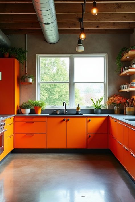 Transform your cooking space with a stunning Mid-Century Modern kitchen featuring bold orange details. Explore how to blend industrial elements with retro designs for a fresh, inviting atmosphere. Perfect for those who appreciate clean lines, functionality, and a pop of color in their home! Kitchen Midcentury Modern, Tuscan Inspired Kitchen, Moroccan Style Kitchen, Mid Century Modern Kitchen Decor, Modern Retro Kitchen, French Provincial Kitchen, Mid Century Modern Kitchen Design, Industrial Mid Century, Unique Decor Ideas