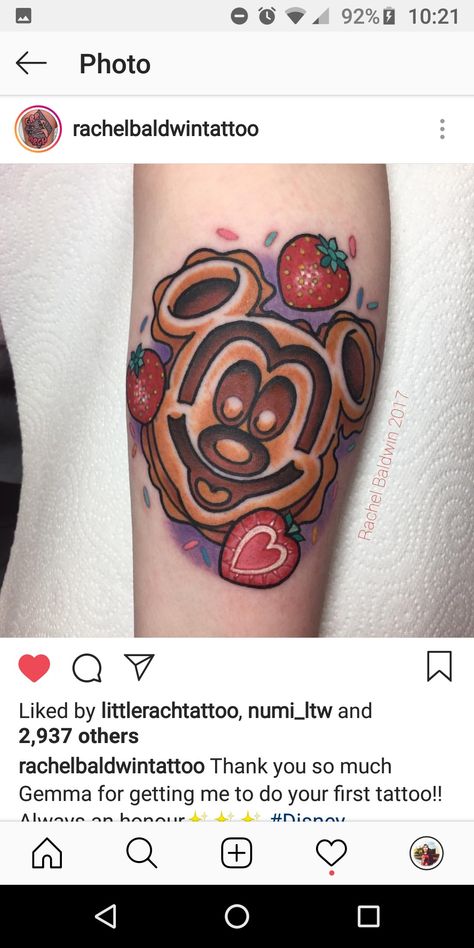 #disney #mickeymouse #waffles Waffle Tattoo, Mickey Waffle, Swan Tattoo, Disney Sleeve, Food Tattoos, Sugar Skull Tattoos, Sweet Tattoos, Disney Tattoo, Cute Tattoos For Women