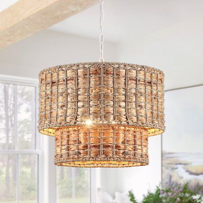 Rustic Retro Bohemian Coast Design, Woven Chandelier Light Using Natural Rattan and Jute Rope, Handcrafted Eco-friendly, Durable and Beautiful, Perfect Fit your home. This coastal chandelier is a great piece of art light to add elegance to your room. House of Hampton® Base Finish: Distressed White | House of Hampton® Kaetlin 5 - Light 2-Tier Drum Rattan Dimmable Chandelier Light 13.58 H x 18.9 W x 18.9 D in white / brown in Distressed White | 13.58" H X 18.9" W X 18.9" D | Wayfair