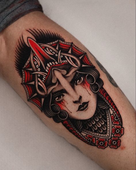 Neo Traditional Tattoo Woman, Elbow Tattoo Men Traditional, Old School Woman Tattoo, Traditional Tattoo Color Palette, Demon Woman Tattoo, Demon Face Tattoo, Dark Traditional Tattoo, Detailed Tattoos, Traditional Tattoo Woman