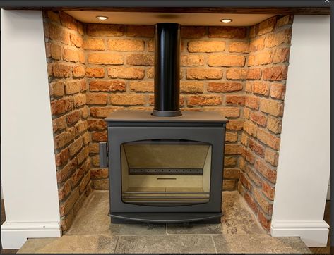 Fireplace Showroom, Brick Slip, Brick Slips, Onyx Tile, Farmhouse Fireplace, Cottage Renovation, Slate Tile, Log Burner, Stove Fireplace