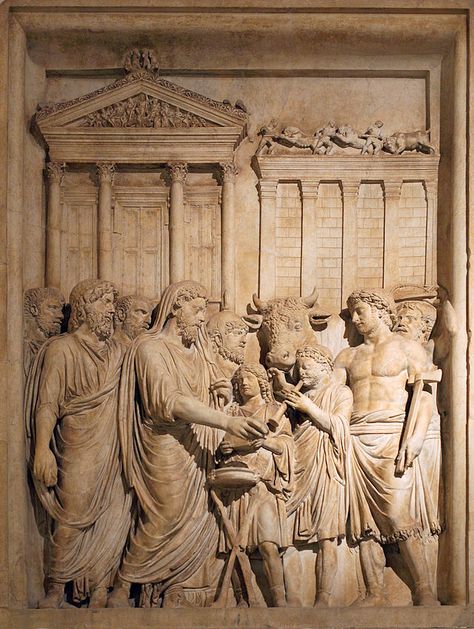 Bas relief from Arch of Marcus Aurelius showing sacrifice. Emperor Marcus Aurelius (161-180 AD) and members of the Imperial family offer sacrifice in gratitude for success against Germanic tribes. In the backgrounds stands the Temple of Jupiter on the Capitolium (this is the only extant portrayal of this roman temple). Bas-relief from the Arch of Marcus Aurelius, /wiki/Religion_in_ancient_Rome Diana Mythology, Greek Persephone, Jupiter Mythology, Roman Feast, Roman Deities, Roman Myth, Arch Of Constantine, Germanic Tribes, Roman Republic