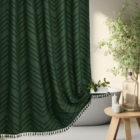 Dark Green Fabric Shower Curtain with Boho Tufted Chevron Stripes This Black shower curtain for bathroom features tufted chevron stripes, making this striped shower curtain suitable for diverse decoration styles, like modern farmhouse, contemporary, simple, bohemian, shabby chic styles. These unique chevron stripes are exactly as shown, which can add a boho touch to your master bathroom, guest bathroom or hotel spa. Choose it, you won't be more pleased! Size: 72" x 72". Boho Shower Curtain Ideas, Green Boho Bathroom, Dark Green Bathrooms, Green Shower Curtain, Farmhouse Contemporary, Green Bathroom Decor, Bathroom Window Curtains, Dorm Bathroom, Black And Gold Bathroom