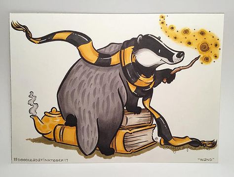 Dark Hufflepuff Aesthetic, Dark Hufflepuff, Badger Tattoo, Cute Badger, Badger Illustration, Hufflepuff Aesthetic, Gift Drawing, Copic Marker