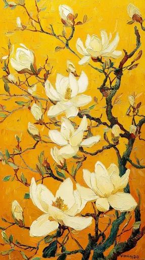 ↑↑↑ Larger size on website 🔸 The painting depicts a close-up of a magnolia tree with its blossoms in full bloom. The flowers are Magnolia Blossom Painting, Magnolia Tree Painting, Blossom Painting, Magnolia Tree, Magnolia Blossom, Dark And Twisted, Magnolia Trees, In Full Bloom, Yellow Background