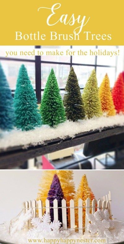 How to Make Bottle Brush Holiday Trees - Happy Happy Nester Retro Christmas Decorations, Bottle Brush Christmas Trees, Holiday Trees, Brush Trees, Diy Bottle, Bottle Brush Trees, Bottle Brush, Tree Crafts, Holiday Diy