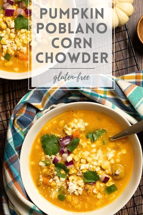 There are many ways to make a corn chowder recipe extra delicious, and this Southwest-inspired pumpkin poblano corn chowder is a unique, spicy, autumn-appropriate option. Serve it topped with queso fresco and cilantro for a hearty fall dinner, with plenty of leftovers for lunch the next day. Poblano Corn Chowder Recipe, Chowder Recipes Healthy, Poblano Corn Chowder, Poblano Corn, Poblano Recipes, Halloween Soup, Chicken Enchilada Soup Crock Pot, Pumpkin Crockpot, Autumn Recipes Vegetarian