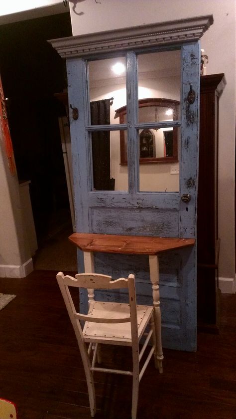 Another one bites the dust! I just LOVE repurping old doors so much you can do the ideas are endless!!! Distressed Doors, Another One Bites The Dust, 2 Hands, Old Doors, Makeup Vanity, Another One, China Cabinet, Just Love, Bathroom Accessories