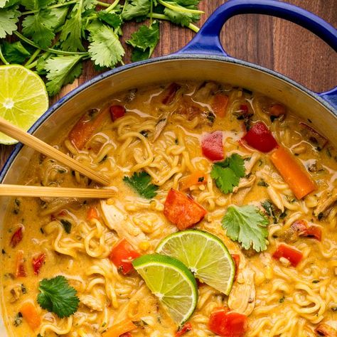 Ramen Chicken Noodle Soup - Delish.com Instant Pot Ramen Soup, Spicy Chicken Noodle Soup Crock Pot, Crock Pot Ramen, Soup With Ramen Noodles, Ramen Chicken Noodle Soup, Creamy Ramen Recipe, Creamy Chicken Ramen, Healthy Husband, Chicken Ramen Soup