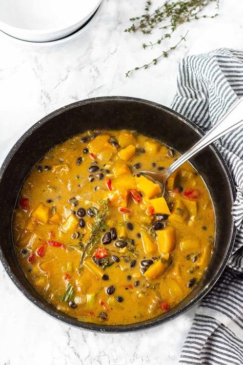 Black Bean Butternut Squash Stew - Healthier Steps Black Bean Butternut Squash, Squash Stew, Butternut Squash Stew, Healthy Stew, Black Bean Stew, Black Bean Recipes, Butternut Squash Recipes, Bean Stew, Vegan Soups