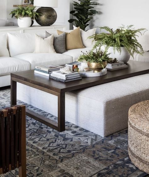 Ottoman Decor Ideas Living Room, Coffee Table And Ottoman Placement, Ottoman Tray Decor Ideas Living Room, Color Palette Living Room, Living Room Decor Gray, Open Plan Kitchen Living Room, Ottoman Decor, Farmhouse Furniture, Ottoman Table