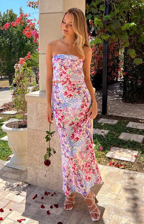 Floral Matching Set, Birthday Party Outfits Guest, Floral Set Outfit, Sun Dresses For Summer, Spring Maxi Skirt, Matching Skirt Set, Floral Print Maxi Skirt, Maxi Skirt Set, Satin Maxi Skirt