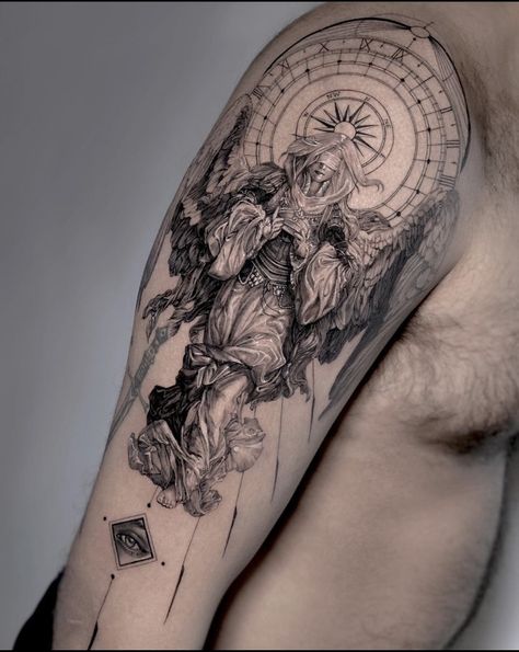 God Of Time Tattoo, Angelic Sleeve Tattoo, Dark Biblical Tattoos, Angelic Tattoos Men, Male Shoulder Tattoo Ideas For Men, Greek Statues Tattoos, Balance Tatoos, Space Inspired Tattoos, Greek Mythology Tattoos Men