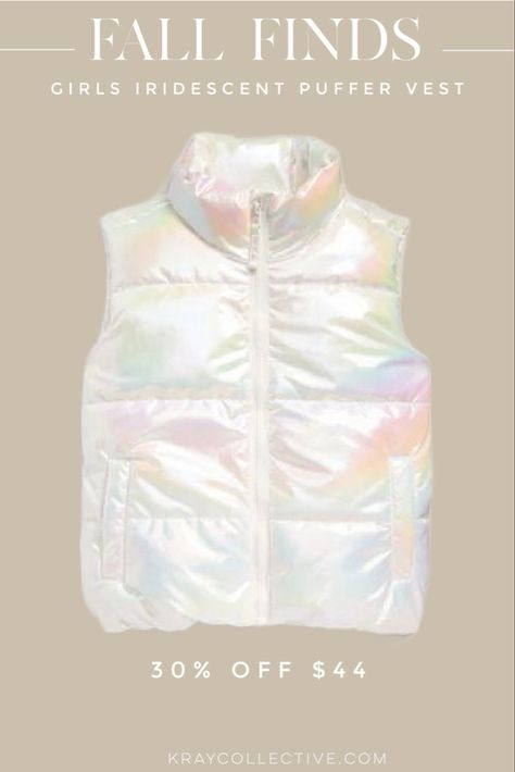 This little girls iridescent puffer vest is absolutely adorable. Even though I don’t have girls I feel like I need this. Currently 30% off. Toddler girls, toddler girls jackets, fall jackets, fall outfits, girls jackets, girls fall outfits, #ToddlerGirls #LittleGirls #GirlsOutfits #FallJackets #FallOutfits Follow my shop @K.RayCollective on the @shop.LTK app to shop this post and get my exclusive app-only content! #liketkit #LTKsalealert #LTKfindsunder50 #LTKkids @shop.ltk https://liketk. Vest For Girls, Puff Vest, Girls Fall, Girls Fall Outfits, Puffy Vest, Standing Collar, Vest Outfits, Fall Jackets, Glamour Fashion