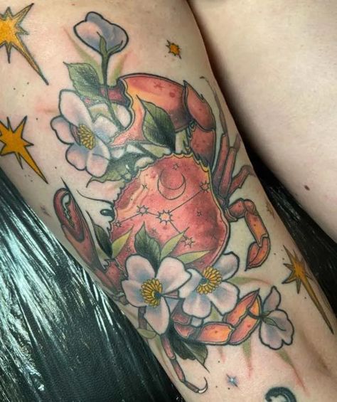 Crab And Flower Tattoo, Wild Animal Sleeve Tattoo, Crab With Flowers Tattoo, Flower Crab Tattoo, Neo Traditional Crab Tattoo, Crab Flower Tattoo, Traditional Crab Tattoo, Crab Tattoo For Women, Crab Tattoo Design