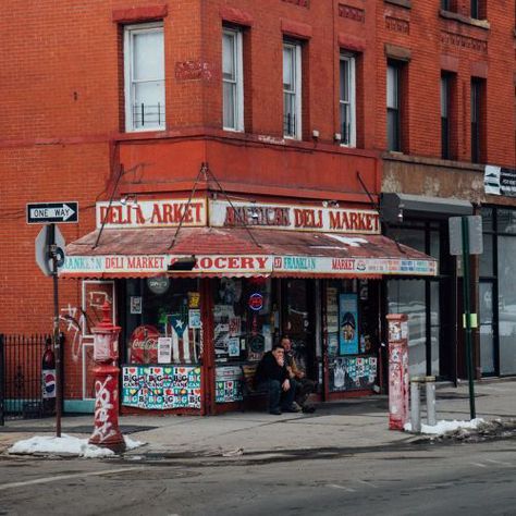 One of my favorite corner grocery stores in Brooklyn. / Photo by Pavel Bendov Retro Grocery Store, Brooklyn Buildings, Brooklyn Hipster, Bloxburg Town, Usa Street, Small Street, Bodega Cat, Manhattan City, New York Central Railroad