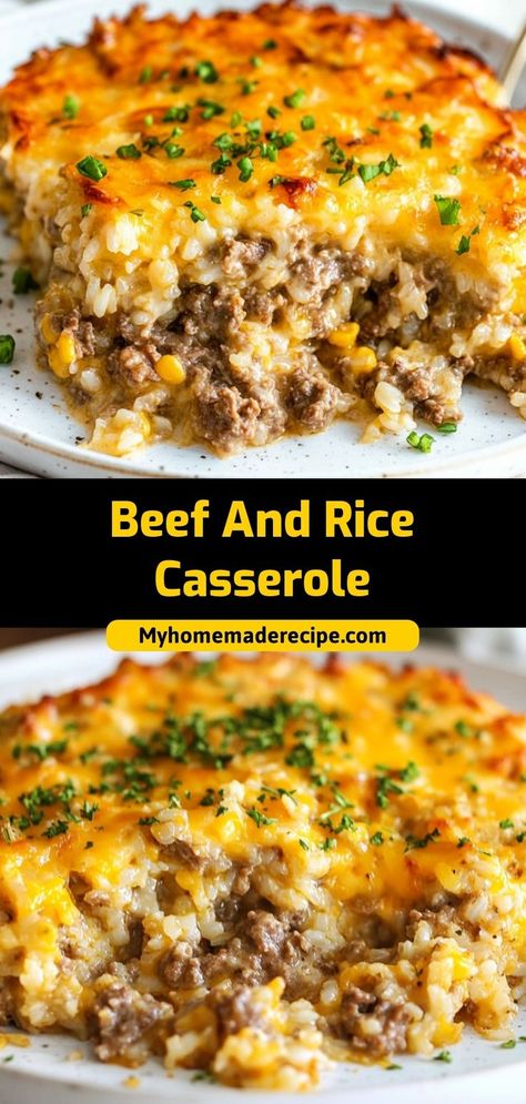 This Beef and Rice Casserole is a comforting, one-dish dinner. With ground beef, rice, and cheese, it’s hearty, easy to make, and perfect for weeknights. Ingredients: 1 lb ground beef 1 cup uncooked rice 2 cups beef broth 1 cup shredded cheese A warm, filling casserole that’s great for feeding the whole family Simple Cheap Ground Beef Recipes, Good Beef Dinner Recipes, Dinner Recipes With Beef Broth, Gluten Free Rice Casserole Recipes, Beef Wild Rice Casserole, Ground Beef White Rice Recipes, Recipes For Dinner With Beef, Beef Bake Recipes, Burrito Casserole With Rice