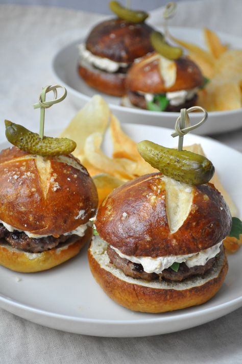 Surf & Turf Sliders - Farmgirl Gourmet Surf And Turf Appetizers, Gourmet Sliders, Sliders Burger, Crockpot Little Smokies, Pretzel Roll, Clam Dip, Burger Ideas, Lamb Patties, Super Bowl Menu