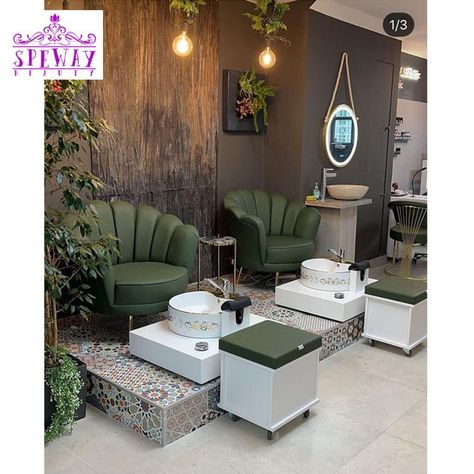 Spa Chair Ideas, Manicure Pedicure Room Design, Chairs For Nail Salon, Pedicure And Manicure Salon Design, Nails Spa Decoration Salon Ideas, Nails Spa Ideas, Nail And Spa Salon Ideas, Pedicure Studio Ideas, Green Nail Salon Interior Design