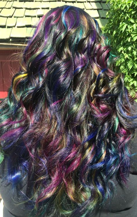 Colourful Hair Extensions, Rainbow Highlights Black Hair, Dyed Hair Multicolor, Oil Spill Hair Dye, Oil Spill Hair Color, Fantasy Hair Colors, Dark Colorful Hair, Hair Dye Patterns Ideas, Cool Dyed Hair Ideas