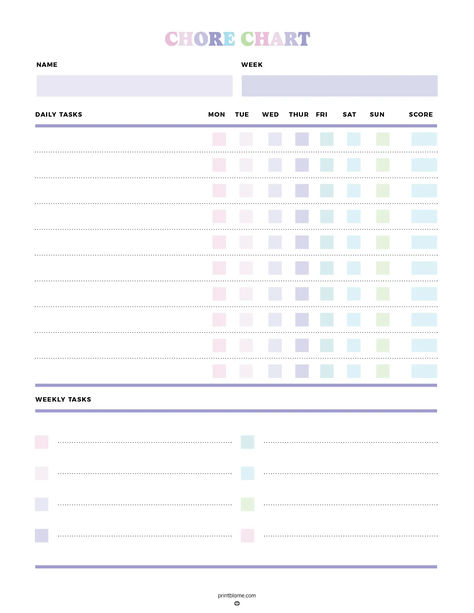 A printable Kids Chore Chart Template with sections for daily tasks across the week and a space for weekly tasks, including a scoring column to track progress. Free Chore Chart Printables Templates, Printable Chore Charts For Kids Free, Family Chore Chart Printable Free, Chores Template Printables, Chores Template, Blank Chore Chart Printables Free, Blank Chore Chart Printables, Chore Calendar, Free Editable Chore Chart Template