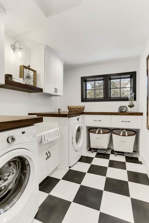 Black And White Laundry, Room Tiles Design, Modern Tile Designs, Laundry Room Tile, Checkered Floor, White Laundry Rooms, Laundry Room Flooring, White Laundry, White Tile Floor