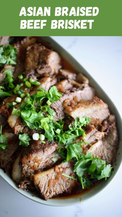 This asian braised beef brisket is a well-loved, elegant, yet affordable dish I love to serve to a crowd - it’s incredibly tender, flavorful, and a perfect main dish to serve during the holiday season. Asian Brisket Recipes, Asian Braised Beef, Braised Beef Brisket, Retreat Food, Brisket Marinade, Slow Cooked Brisket, Brisket Oven, Braised Brisket, Asian Beef