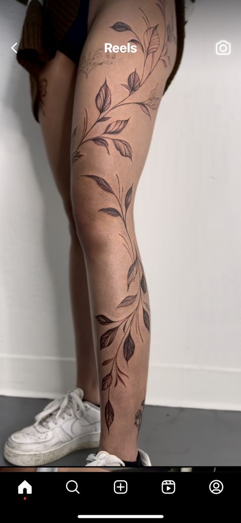 Bohemian Leg Tattoo, Thigh Leaf Tattoos Women, Leaves Leg Sleeve, Hip To Ankle Tattoos Women, Vines Up The Leg Tattoo, Monstera Rib Cage Tattoo, Torso Flower Tattoo, Outline Leg Tattoos Women, Full Leg Plant Tattoo