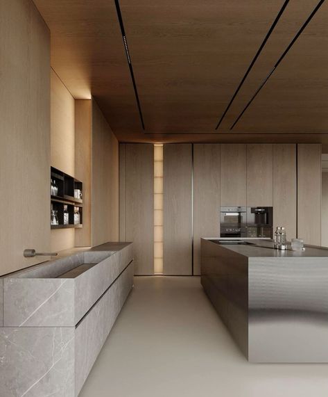 Walls Interior Design, Metal Island, Stainless Steel Kitchen Cabinets, Minimal Kitchen Design, Modern Wooden House, Metal Element, Minimal Kitchen, Stainless Kitchen, Wood Interior Design