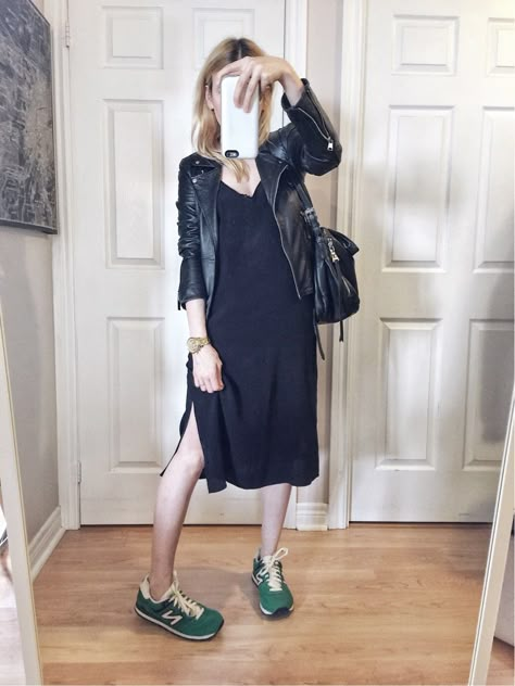 What I Wore This week - livelovesara Trainers With Dress, Slip Dress With Tshirt, Errands Outfit Spring, Errands Outfit Summer, Black Sneakers Outfit, New Balance Trainers, Errands Outfit, Balance Trainers, Leather Jacket Dress