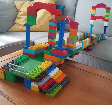 Lego Bridge Building Challenge, Lego Bridge Challenge, Lego Bridge Ideas, Duplo Lego Ideas, Bridge Challenge, Lego Bridge, Lego Duplo Train, Duplo Ideas, Lego Storage Organization