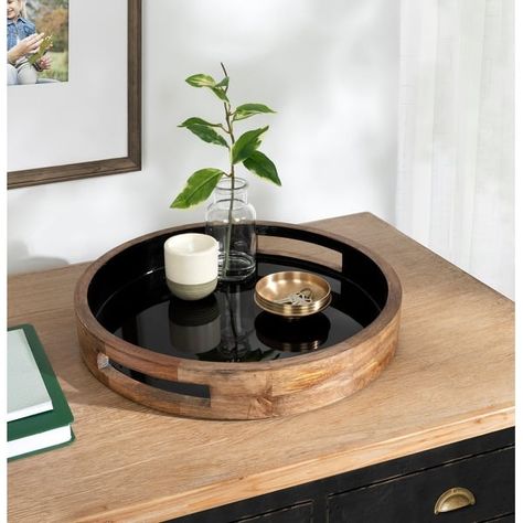 Lazy Susan Table Decor, How To Style A Tray, Men Living Room, Blue Wall Clocks, Accent Tray, Black Tray, Tray Wood, Decorative Wood, Natural Wood Finish