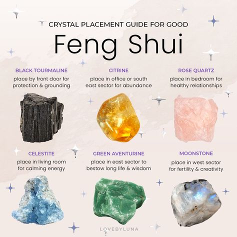 the philosophy of feng shui is a practice of arranging the pieces in living spaces in order to create balance with the natural world. the goal is to harness energy forces and establish harmony between an individual and their environment. crystals are often used in feng shui in a variety of ways, as they bring specific energies to various parts of one’s home. here are some very simple crystal placements you can try to boost your feng shui! #fengshui #crystalhealing Celestite Crystal Meaning, Energy Stones Crystal Healing, Crystal Healing Chart, Celestite Crystal, Crystal Guide, Crystals Healing Properties, Spiritual Crystals, Herbal Magic, Crystal Healing Stones