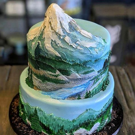 Mountain Theme Wedding Cake, Forest Theme Cakes, Retirement Party Cakes, Mountain Wedding Cake, Mountain Cake, Cube Cake, Birthday Cake Decorating Ideas, Cake Decorating Ideas, Themed Wedding Cakes