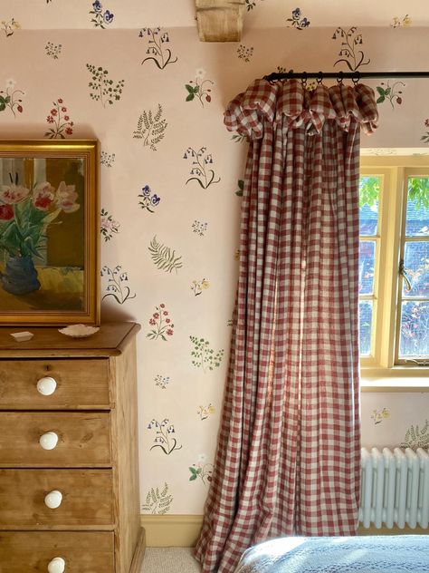 Tess Newall, Wildflower Wallpaper, Gingham Curtains, English Cottage Style, Beautiful Bedroom, April 6, Curtains Bedroom, Beautiful Bedrooms, Apartment Living