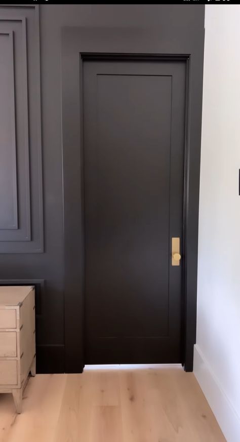 Black Interior Doors With Black Hardware, Black Indoor Doors, Dark Interior Doors, Painting Interior Doors Black, Porter House, Bourbon Room, Flat Interior Design, Dark Doors, Charcoal Walls