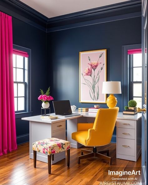 Home Office Bright Colors, Purple Office Ideas, Women Cave Ideas, Bedroom Office Combo, Purple Office, Office Paint Colors, Painting Teacher, Office Paint, Woman Cave