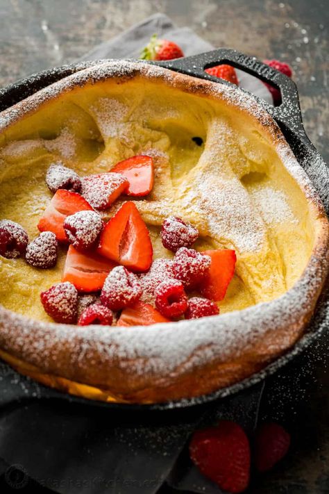 Dutch Baby Pancakes taste like Crepes but in pancake form. The batter puffs up to form a billowy crust and the custard-like center is memorable. These German pancakes are a simple and special breakfast. German Pancake Recipe, Finnish Pancakes, Buttermilk Pancakes Easy, Natasha Kitchen, Dutch Baby Pancake Recipe, Natashas Kitchen, German Pancakes Recipe, Dutch Babies, Dutch Baby Recipe