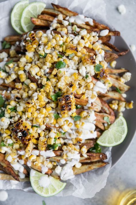 Street Corn Recipe, Mexican Crema, Mexican Appetizers, Mexican Street Food, Loaded Fries, Crispy Fry, Cotija Cheese, Mexican Street Corn, Fries Recipe