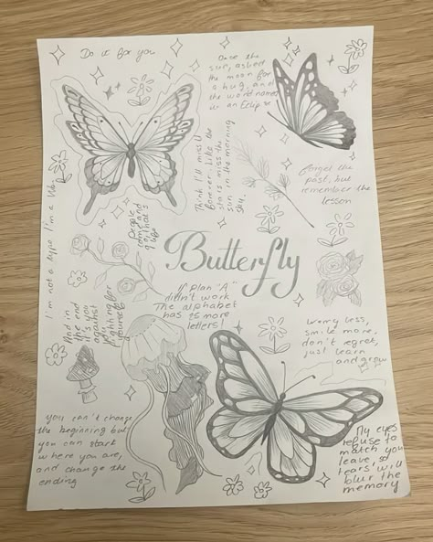 Butterfly, papillon, citations, foryou, kyara gauthier, dessin, draw Drawing Butterfly Aesthetic, Drawing On Newspaper Ideas, Journal Cover Drawing, Buterfluffy Drawings, Butterfly Drawing Sketches, Sketches Of Butterflies, Butterfly Drawing Simple, Butterfly Bullet Journal, Cute Sketch Ideas