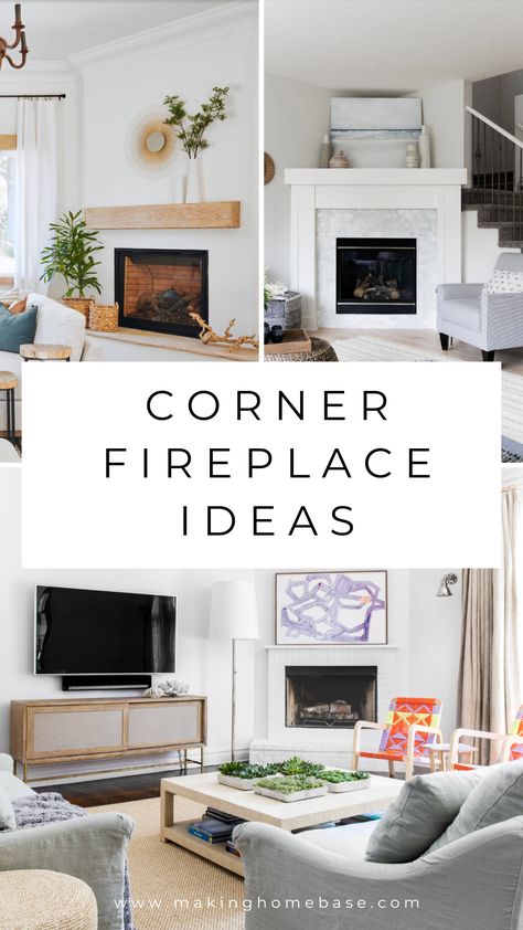 Decor Around A Fireplace, Corner Fireplace Living Room Modern, Angled Fire Places Ideas Living Room, Corner Fireplace And Tv Placement, Corner Fireplace By Stairs, How To Style A Living Room With A Corner Fireplace, Studio Mcgee Corner Fireplace, Corner Fireplace With Built Ins On One Side, Fireplace Corner Decor