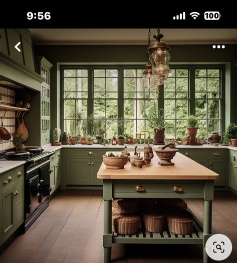 Melissa Instagram, Kitchen Cabinets Green, Green Kitchen Aesthetic, Green Kitchen Inspiration, Cottage Kitchen Renovation, Green Kitchen Island, Green Farmhouse, Cottage Kitchen Design, Small Cottage Kitchen