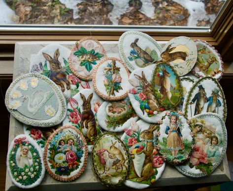 Victorian Easter Decorations, Dresden Houses, Easter Pail, Victorian Easter, Victorian Paper, Easter Ornaments, Easter Inspiration, Vintage Easter, How To Make Ornaments